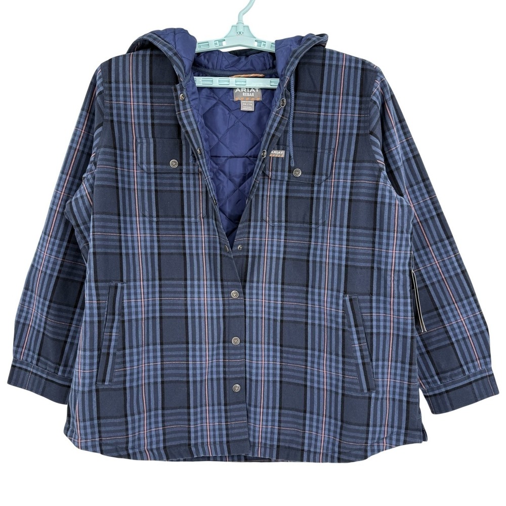 Ariat Rebar Women's Flannel Shacket XL Navy Blue Plaid Hooded Quilted Lined NWT